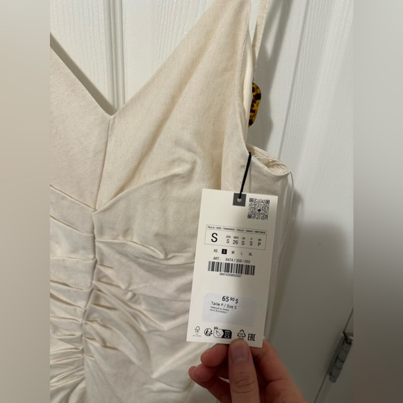 New with Tags Zara White Linen Blend Ruched Midi Dress with Slit Size S - Picture 7 of 11